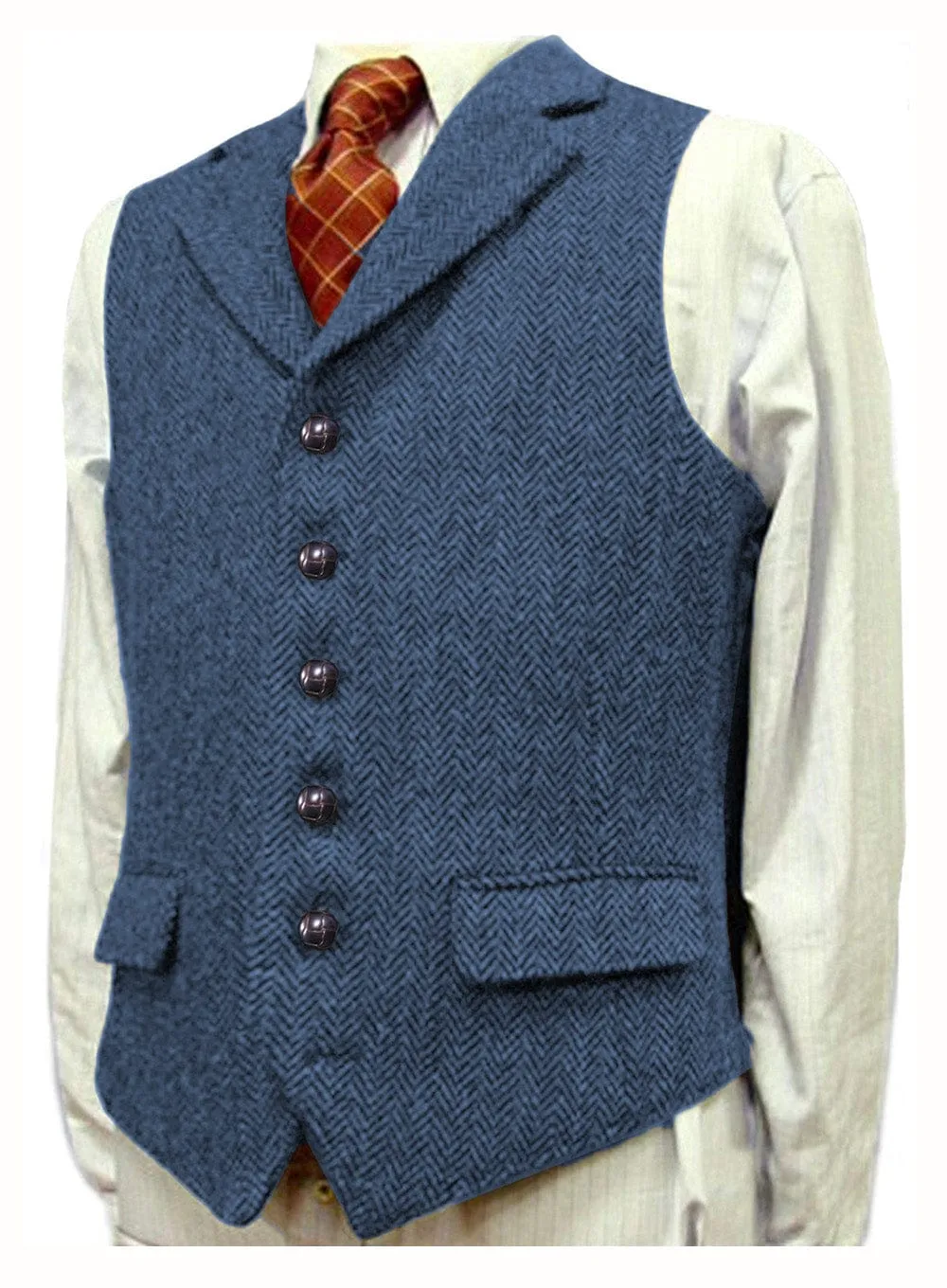 Men's Classic vintage Vest Tweed Herringbone Notch Lapel Waistcoat