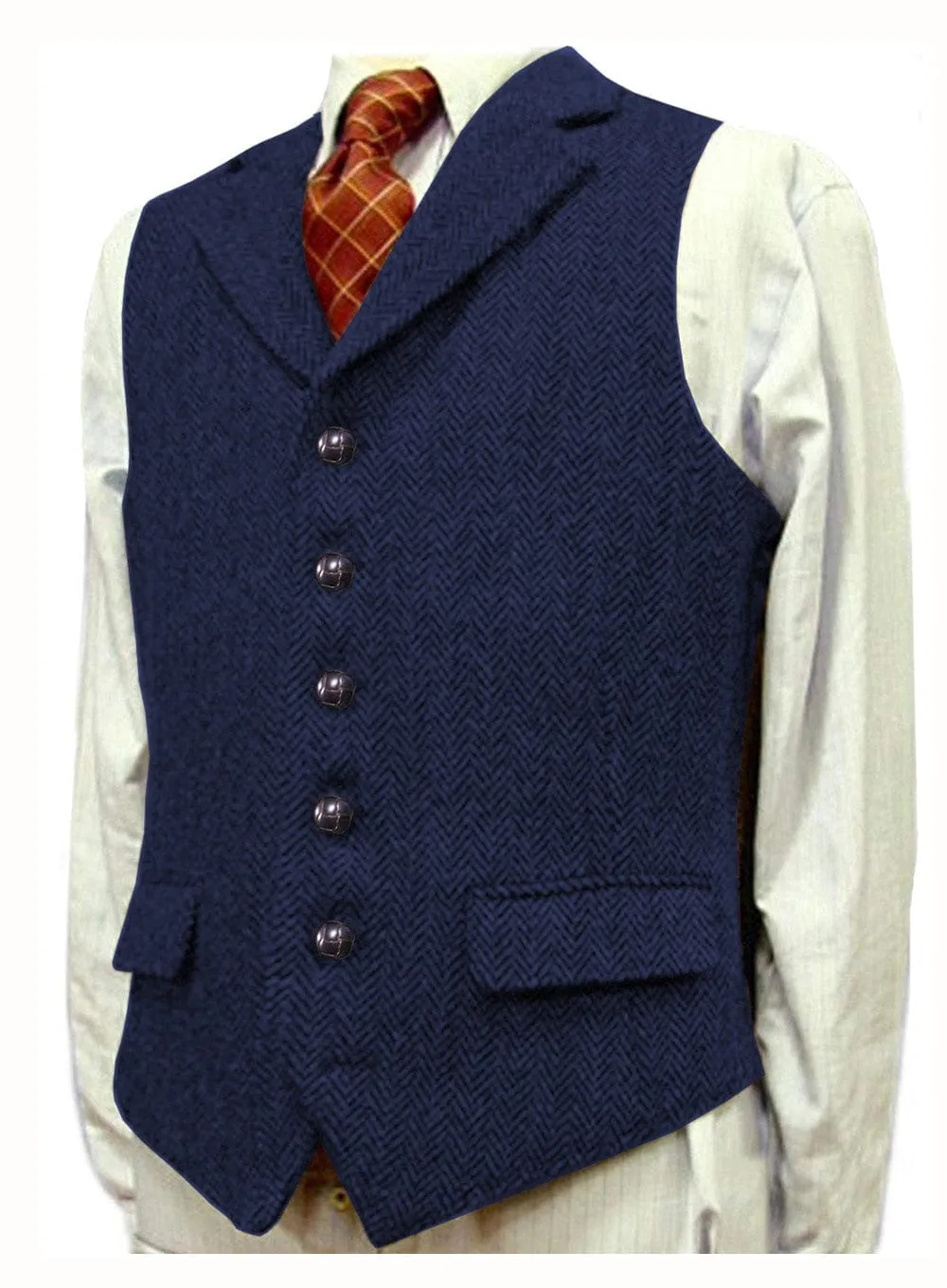 Men's Classic vintage Vest Tweed Herringbone Notch Lapel Waistcoat