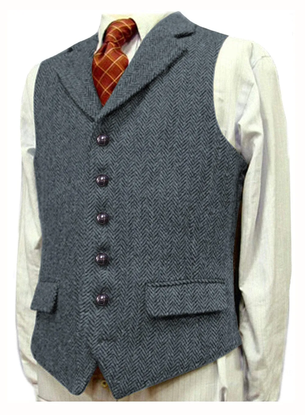 Men's Classic vintage Vest Tweed Herringbone Notch Lapel Waistcoat