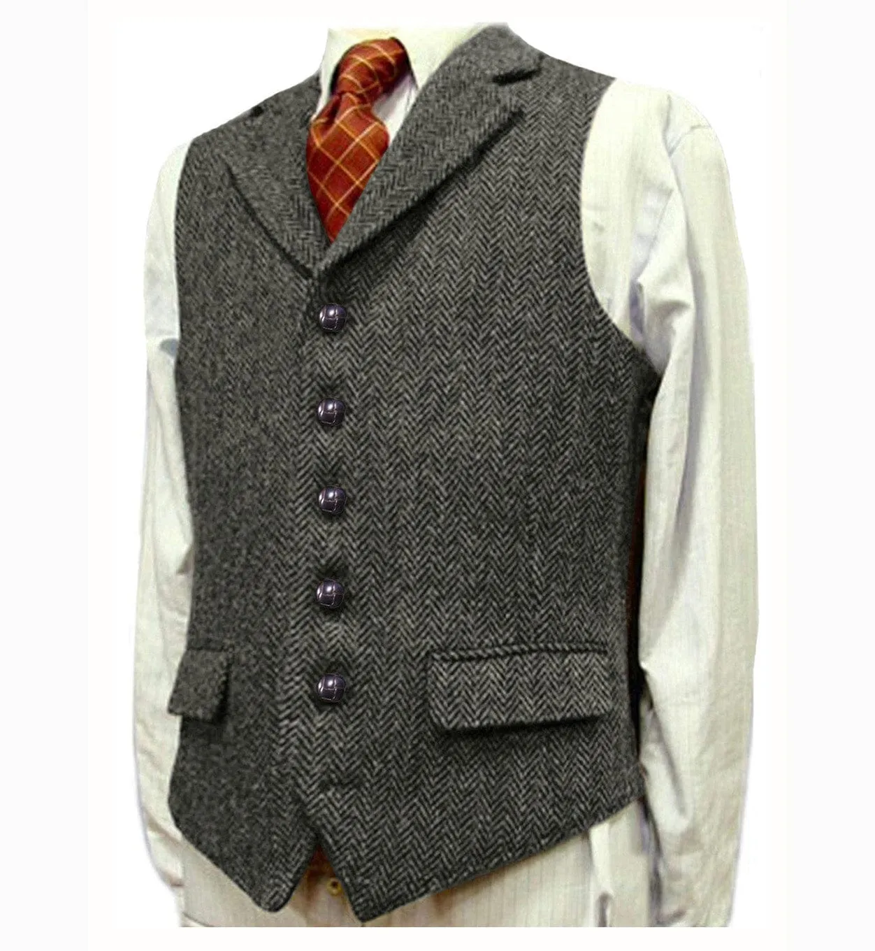 Men's Classic vintage Vest Tweed Herringbone Notch Lapel Waistcoat