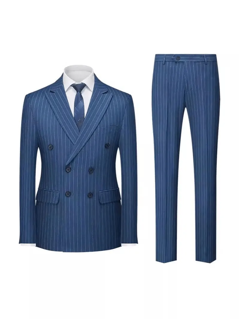 Men's Formal Striped 2 Pieces Double Breasted Peak Lapel Suit Tuxedos (Blazer Pants）