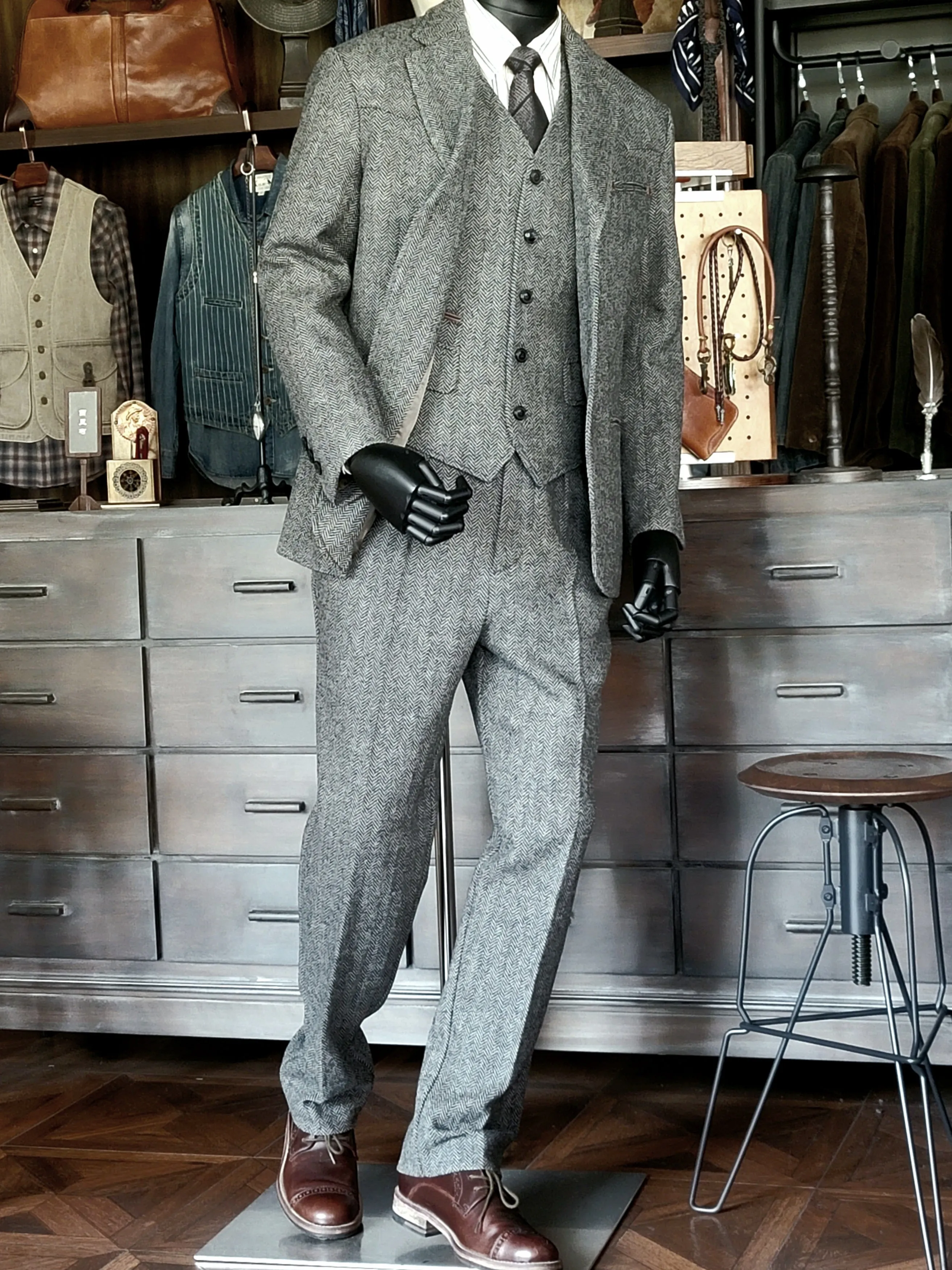 Men's Herringbone Tweed Notch Lapel Dress Suit Jacket