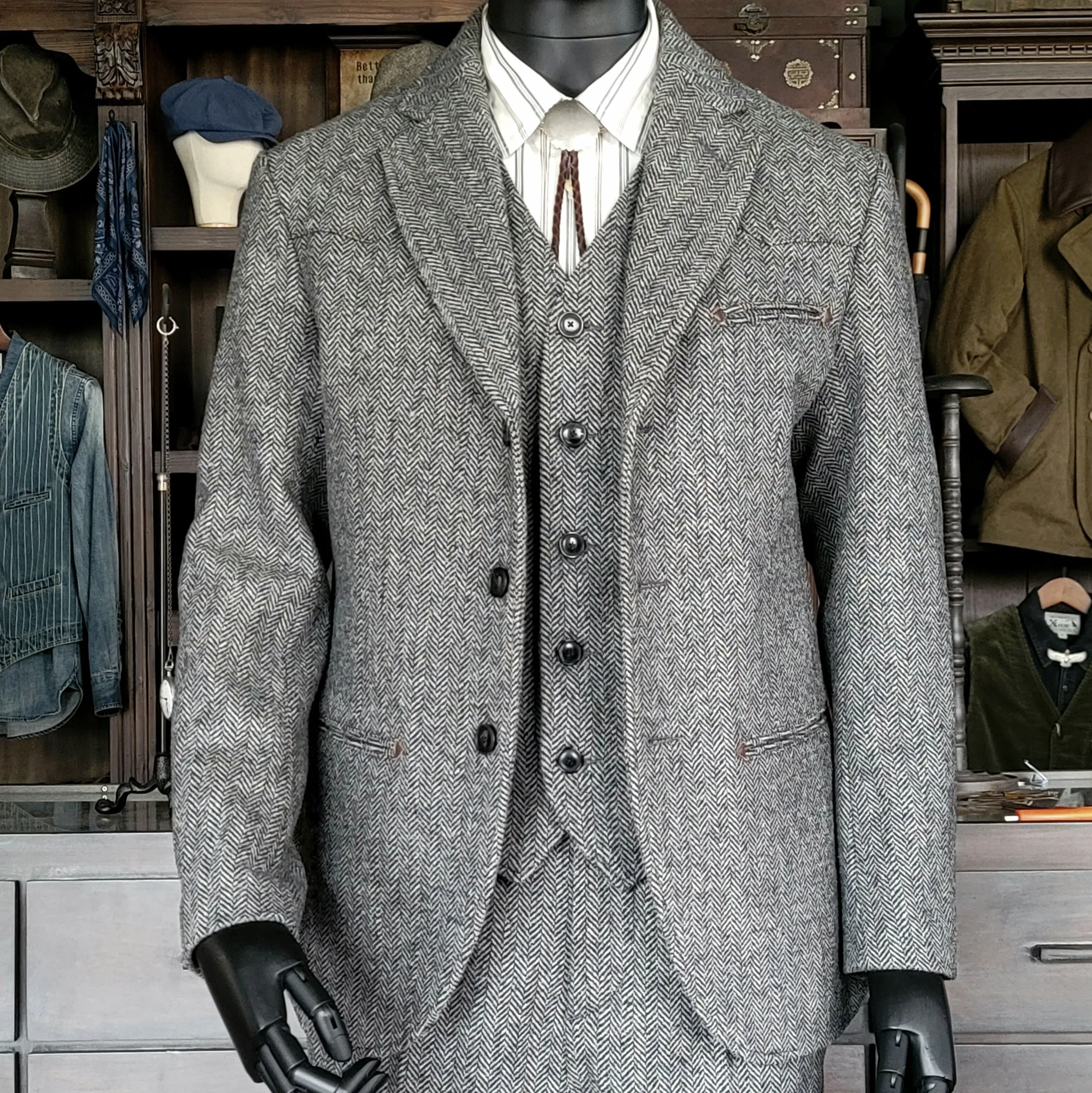 Men's Herringbone Tweed Notch Lapel Dress Suit Jacket