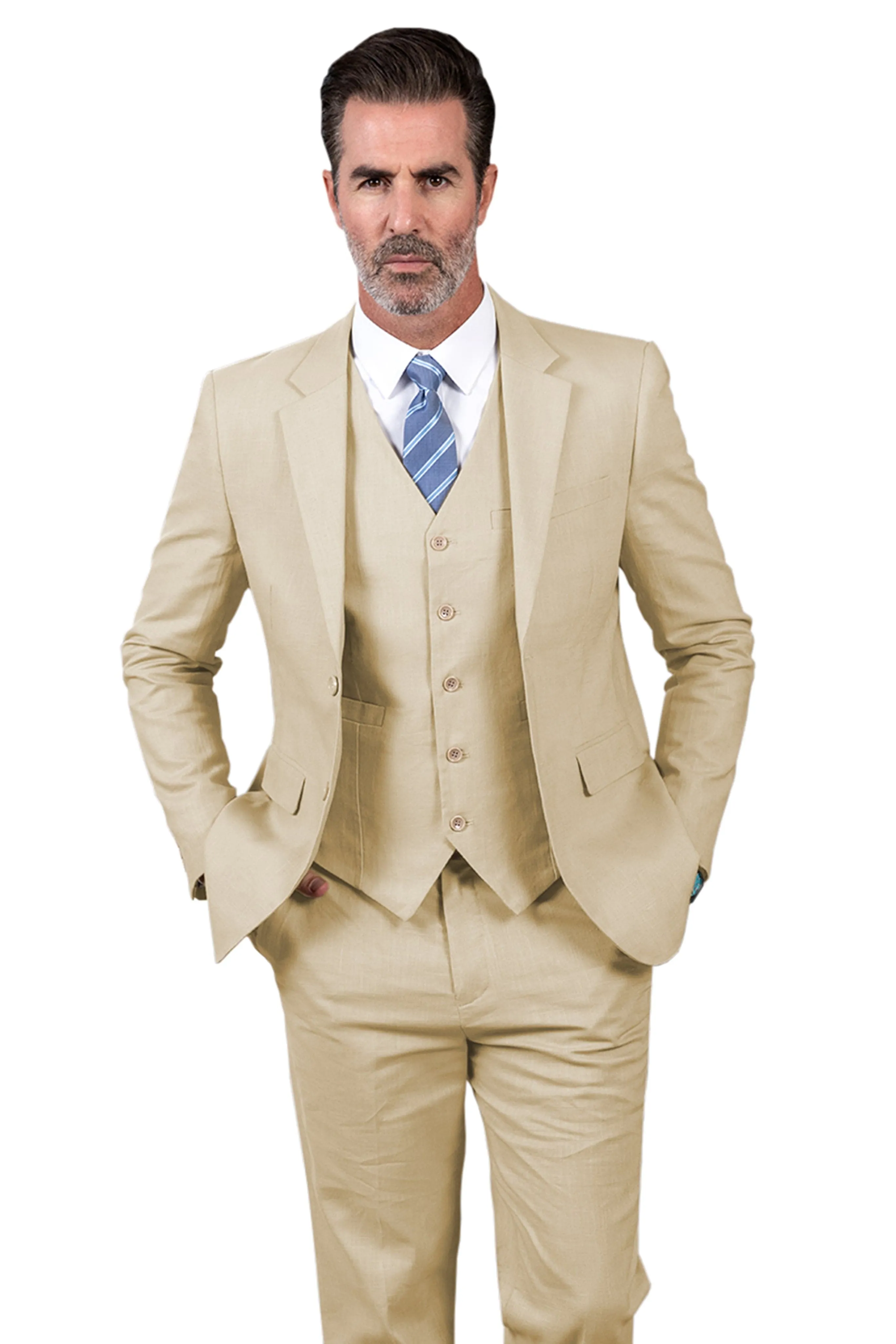 Men's Linen 3 Pieces Regular Fit Notch Lapel  Mens Suit(Blazer Vest  Pant)