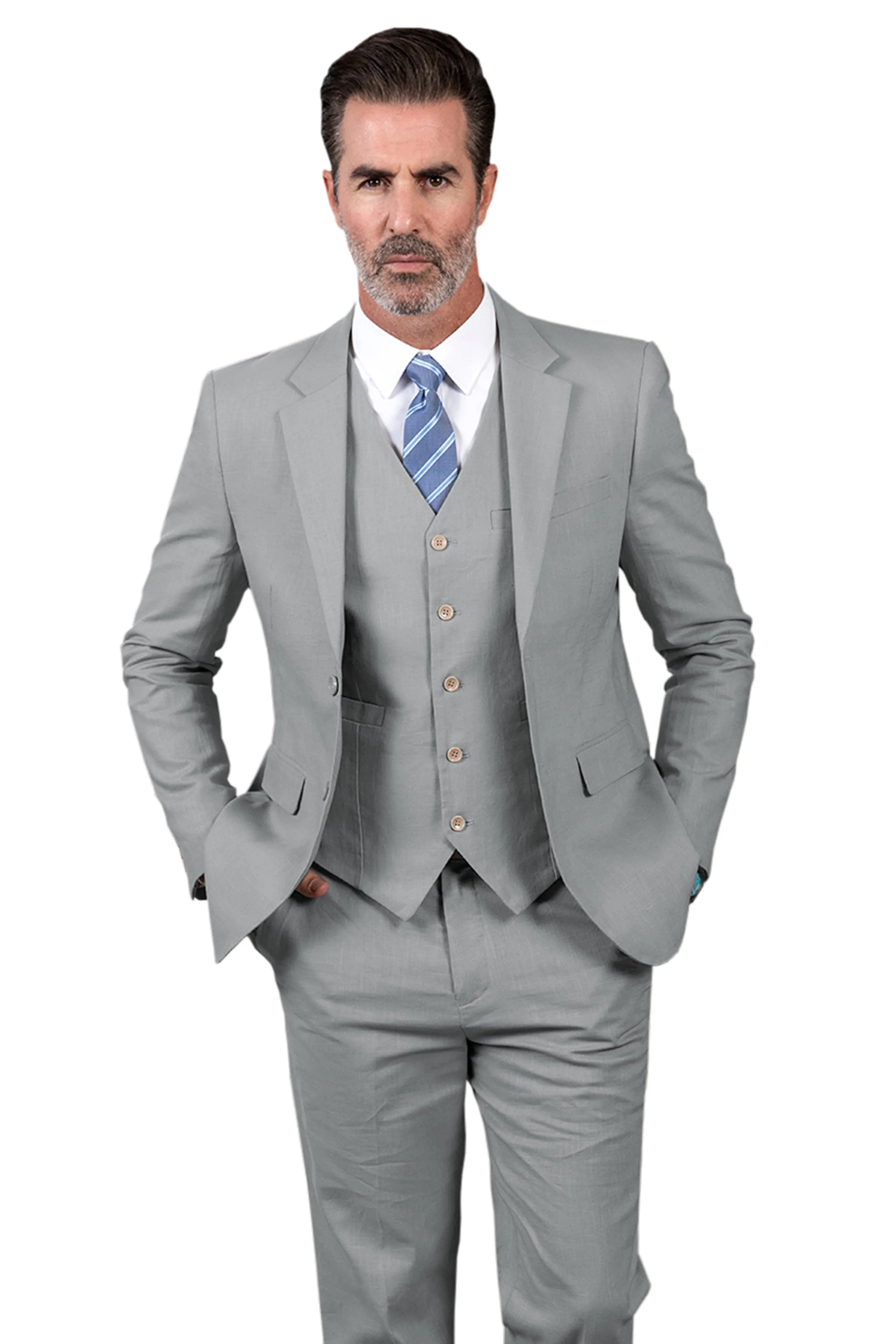 Men's Linen 3 Pieces Regular Fit Notch Lapel  Mens Suit(Blazer Vest  Pant)