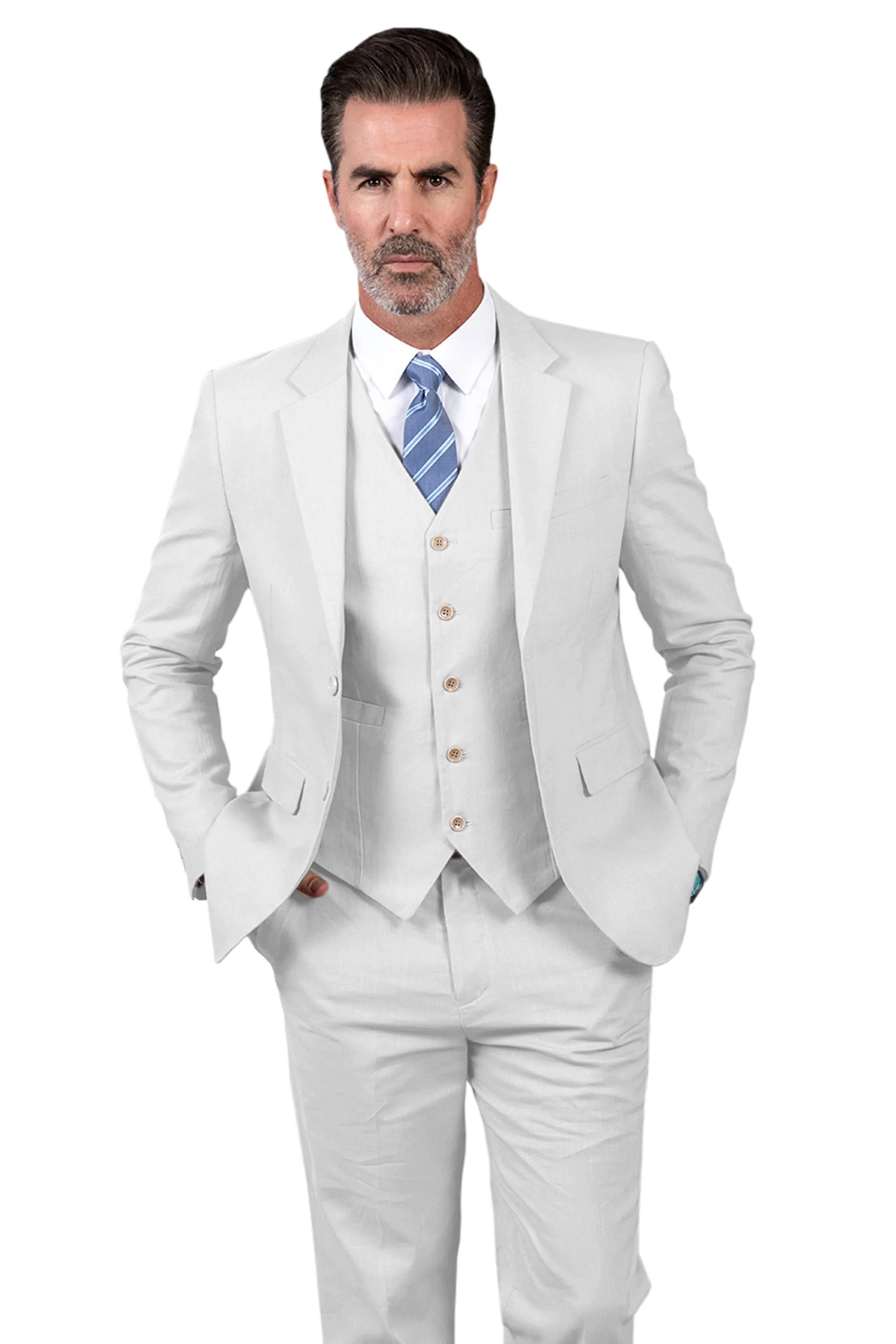 Men's Linen 3 Pieces Regular Fit Notch Lapel  Mens Suit(Blazer Vest  Pant)