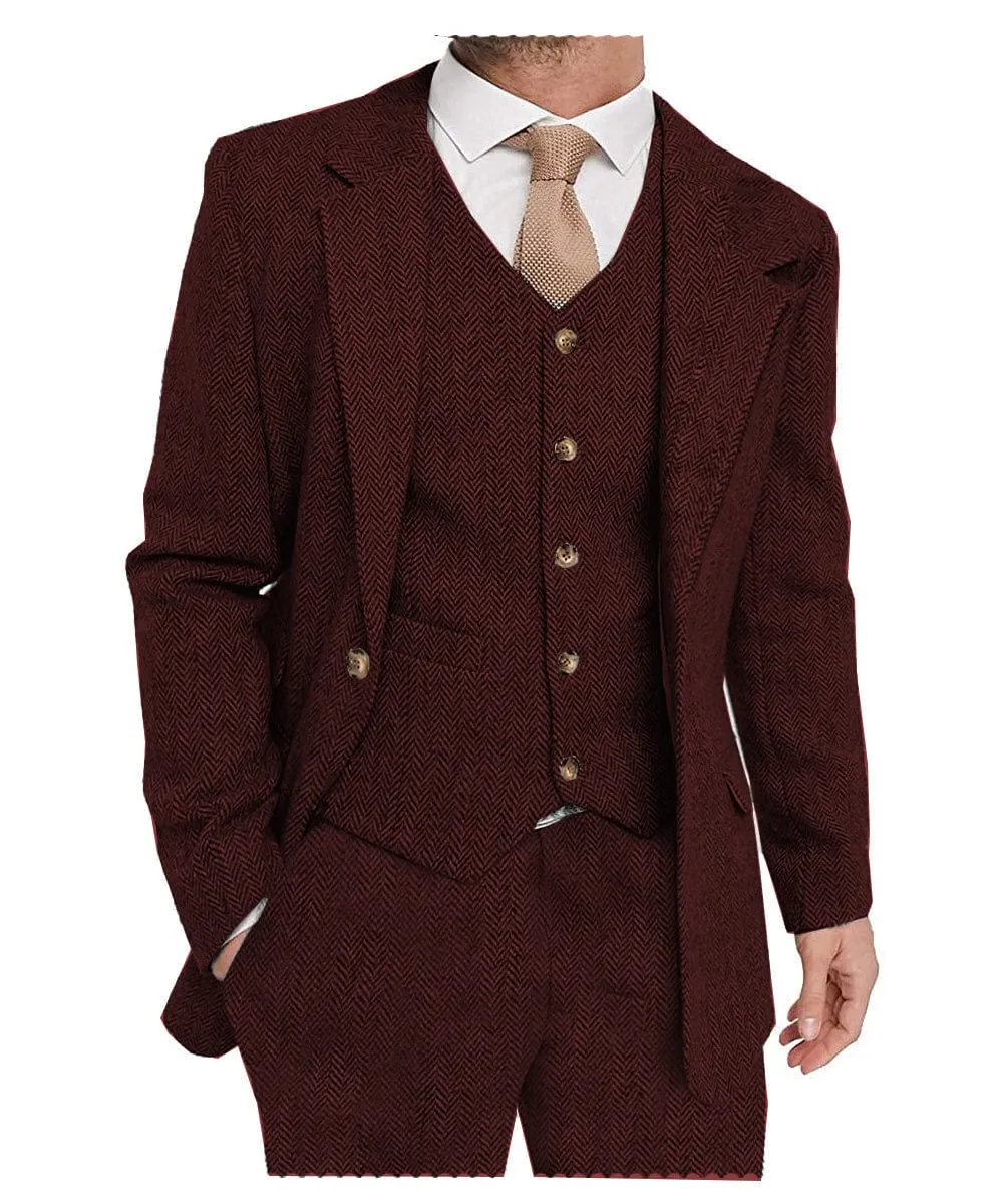 Mens Tweed Herringbone Suits 3 Piece Suits Formal Regular Fit Wedding Groom Suits