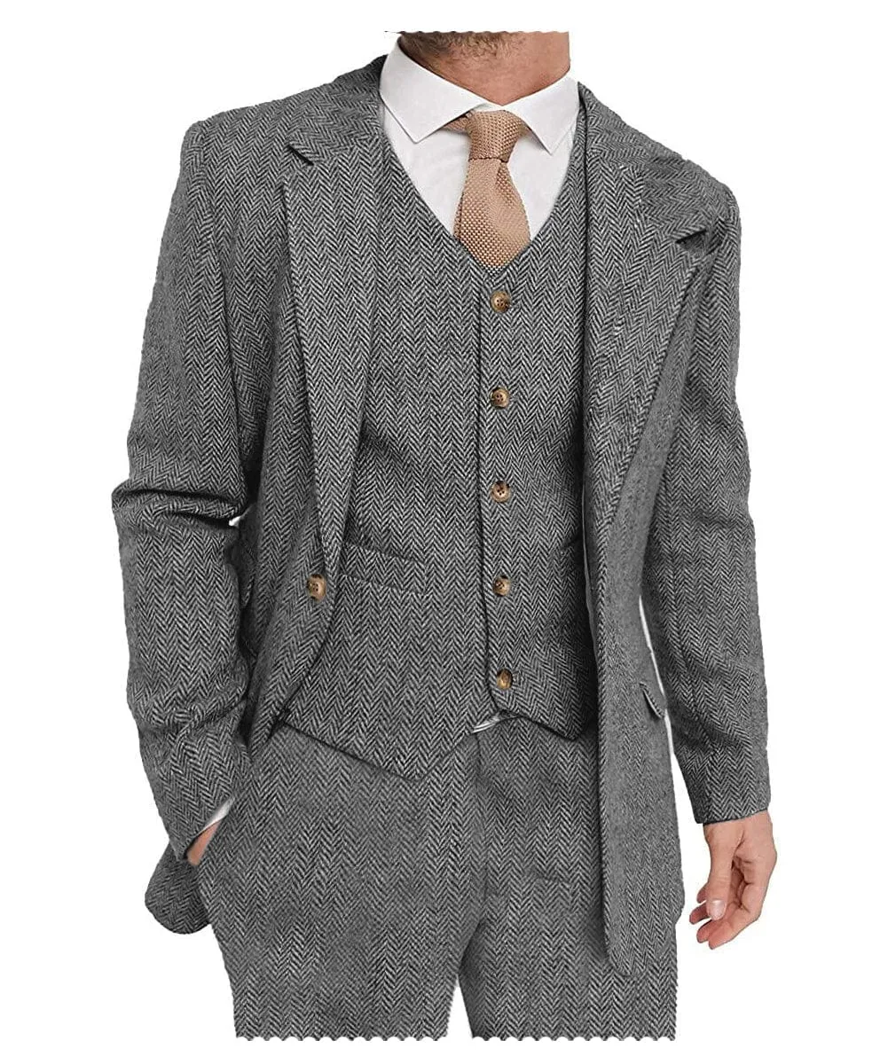 Mens Tweed Herringbone Suits 3 Piece Suits Formal Regular Fit Wedding Groom Suits