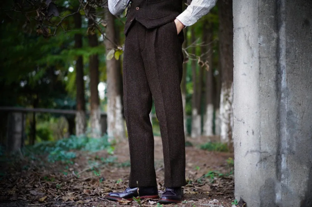 Men's Tweed Pants High Waist Chocolate Brown