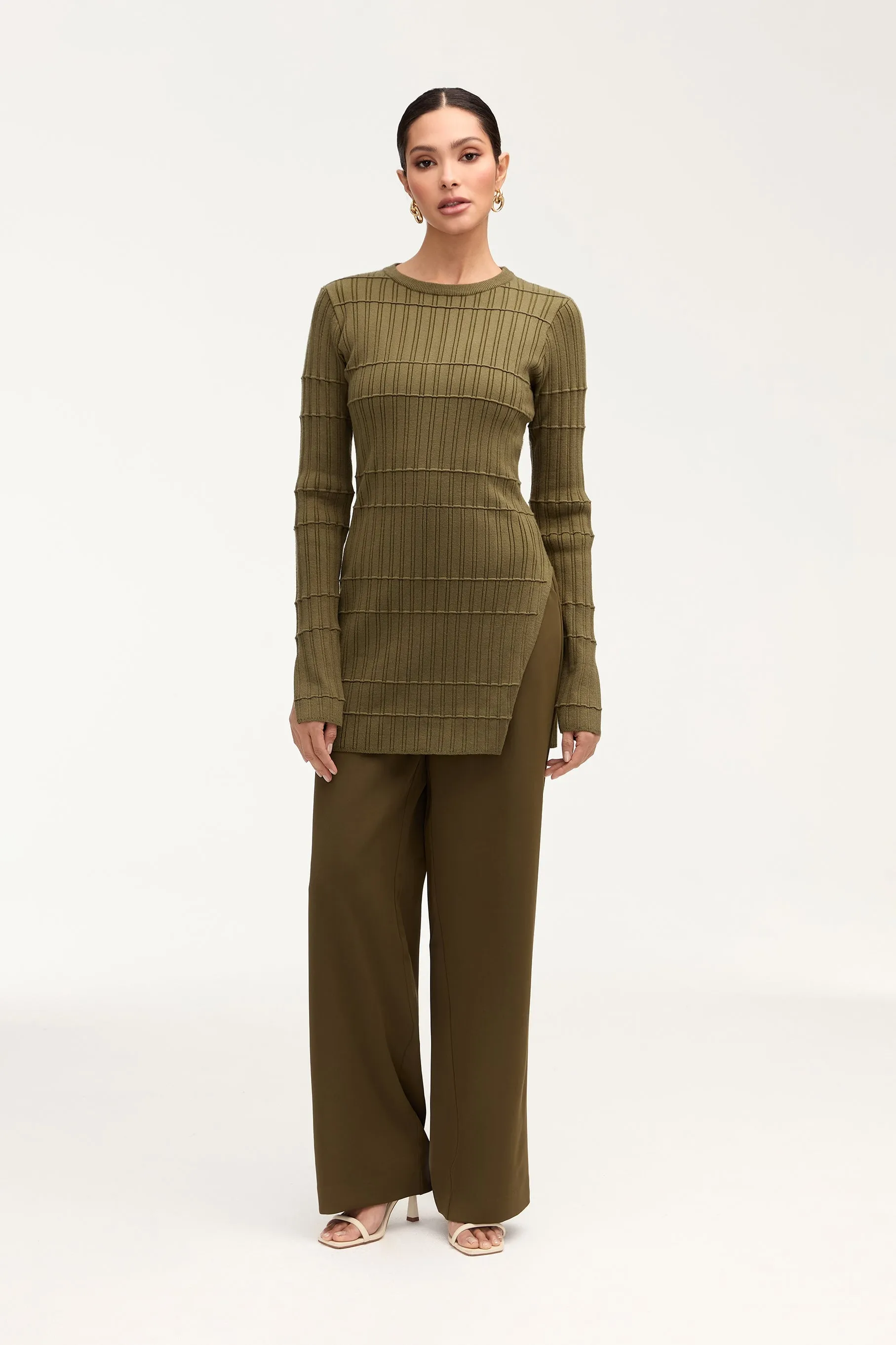 Milano Ribbed Knit Split Hem Top - Olive