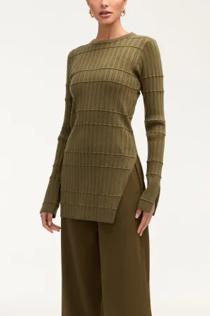 Milano Ribbed Knit Split Hem Top - Olive