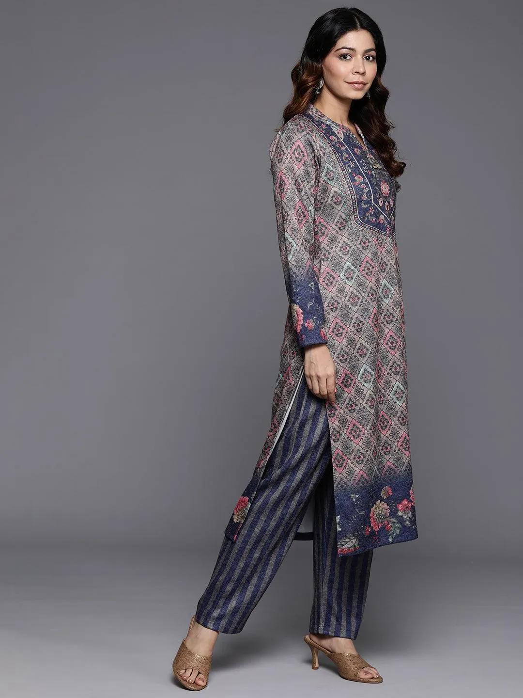 Multicoloured Printed Wool Blend Straight Suit With Dupatta