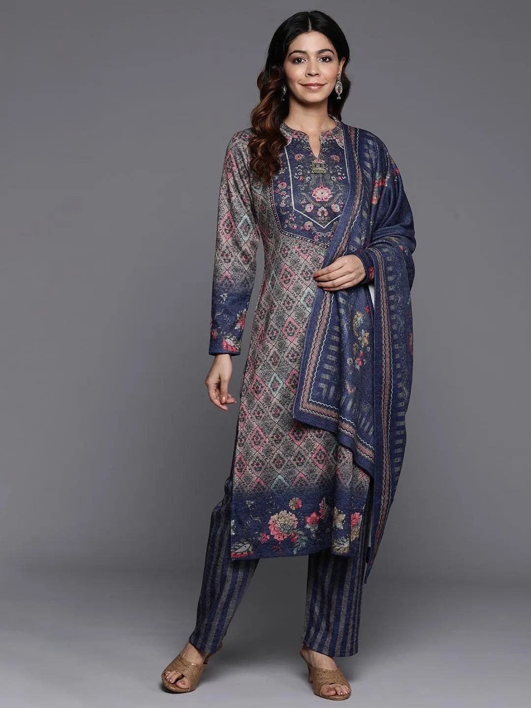 Multicoloured Printed Wool Blend Straight Suit With Dupatta