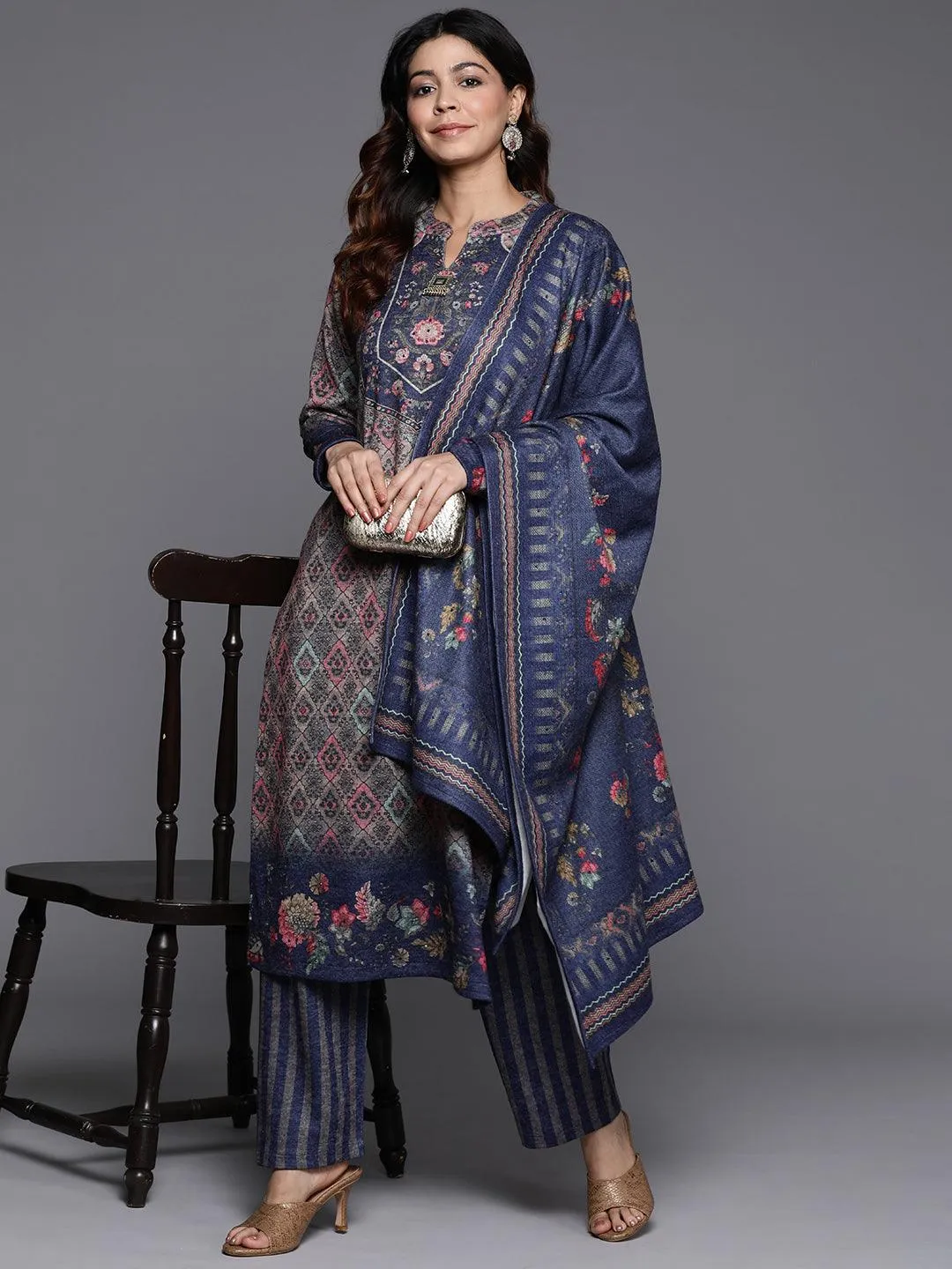 Multicoloured Printed Wool Blend Straight Suit With Dupatta