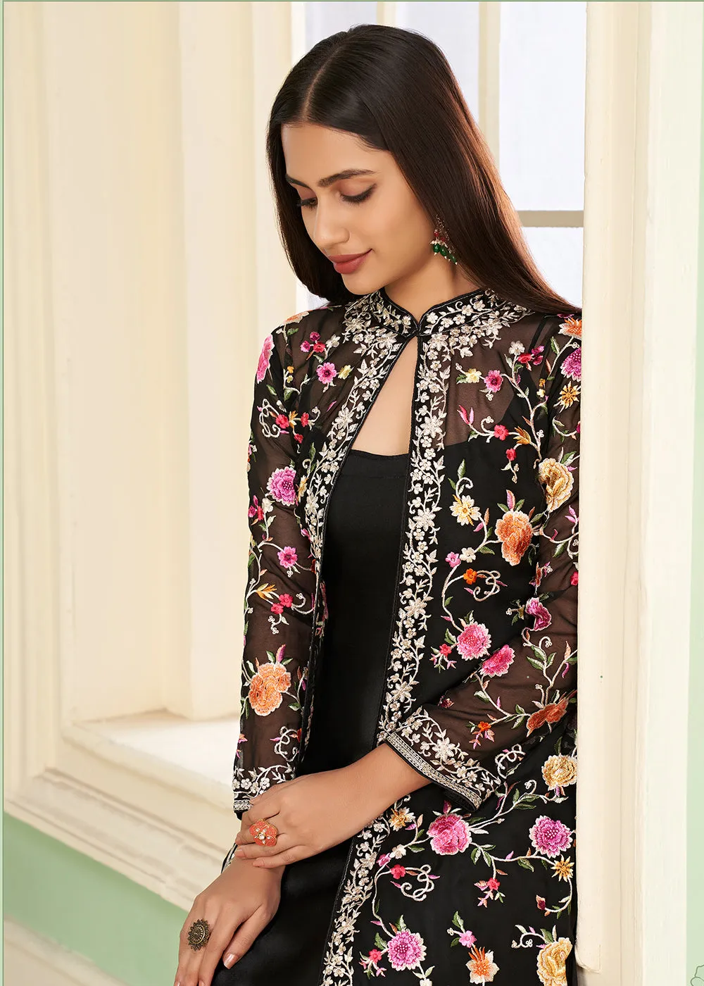 Pant Style Sassy Black Party Wear Jacket Style Salwar Suit