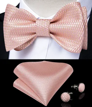 Pink Plaid Self-Bowtie Pocket Square Cufflinks Set