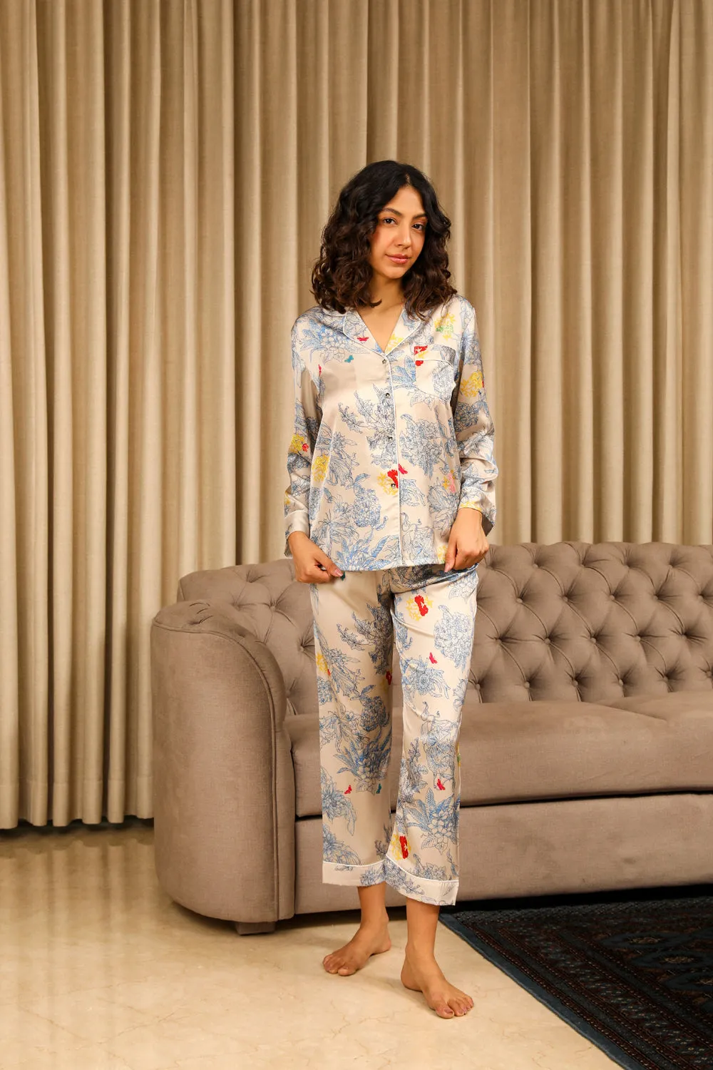 Printed Satin Classic Collar Nightsuit