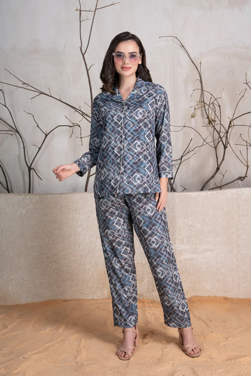 Printed Satin Classic collar Pj set