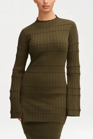 Rania Ribbed Knit Split Hem Top - Olive