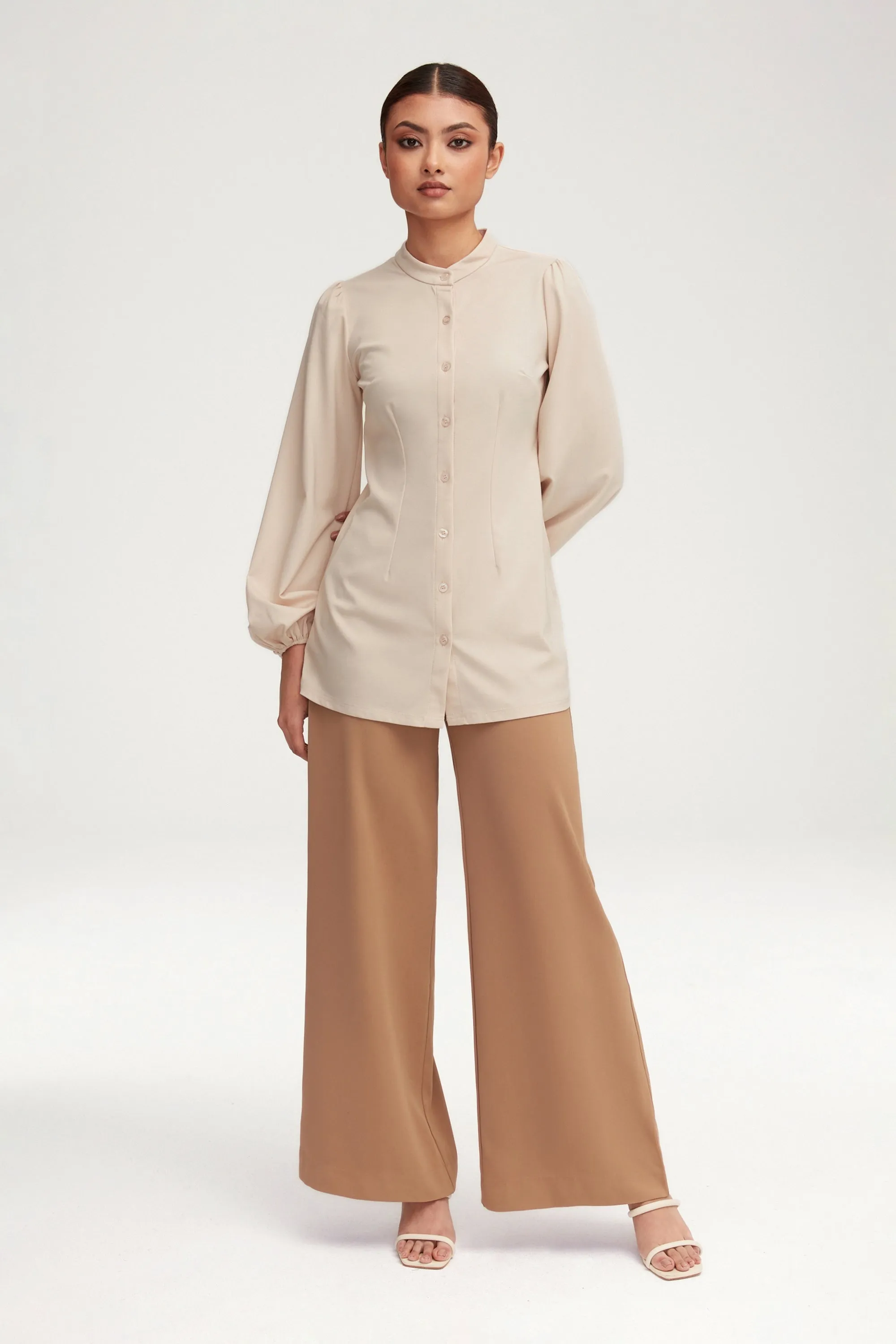 Rayana Jersey Button Down Top - Light Sand