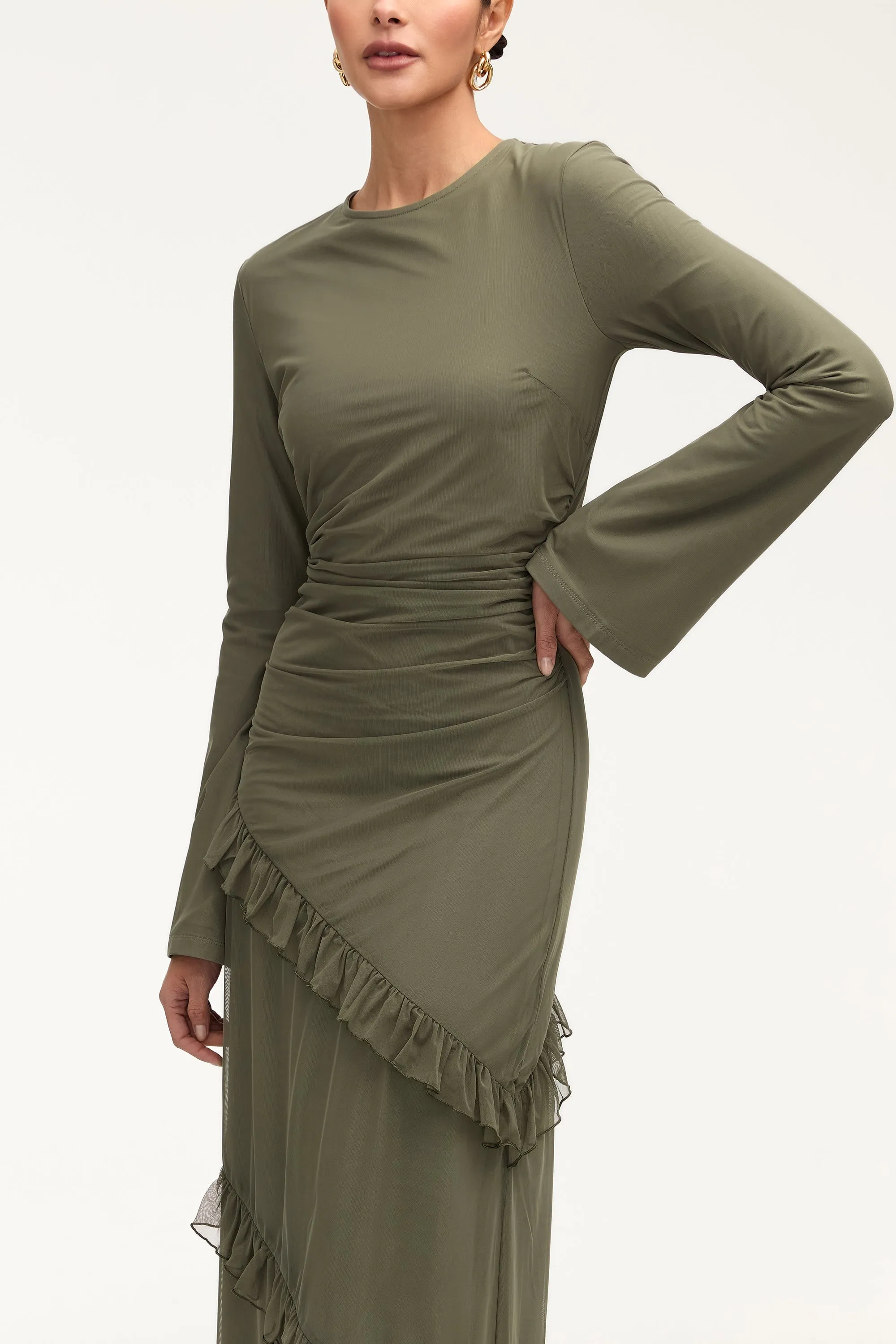 Sabrina Waterfall Mesh Maxi Dress - Smokey Olive