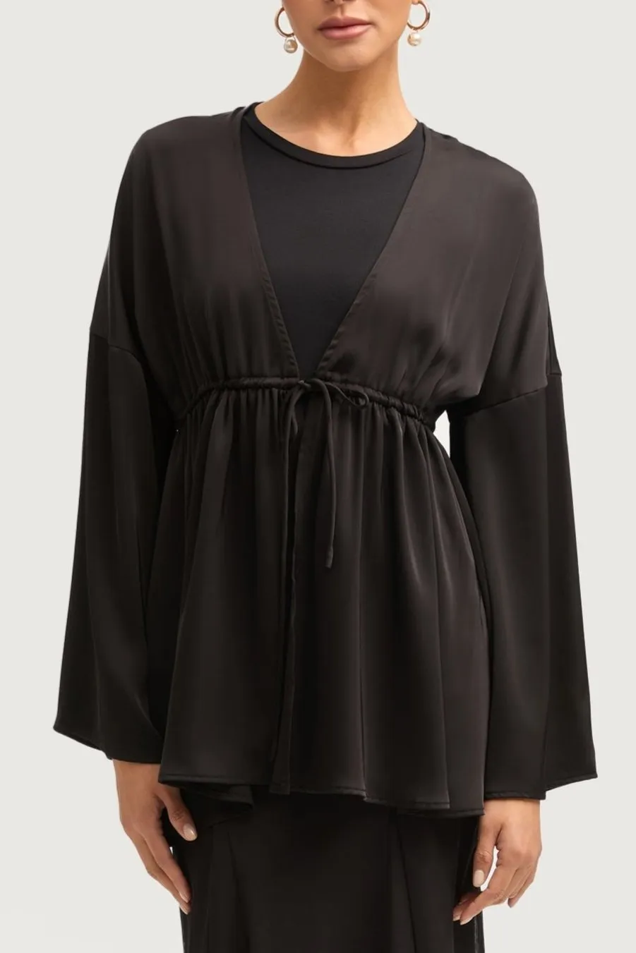 Samia Satin Tie Front Top - Black