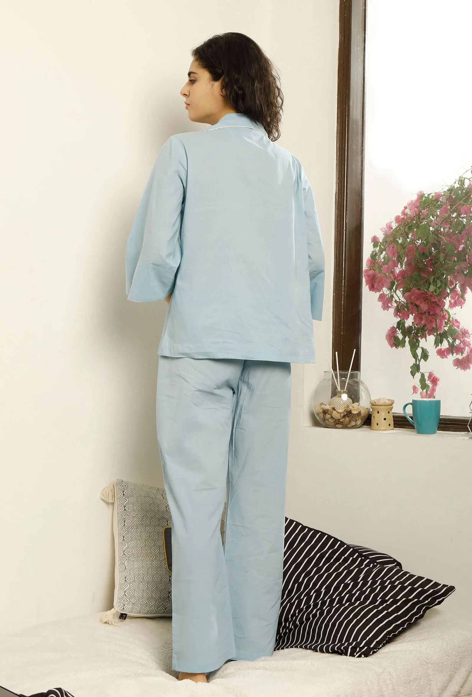 Set of 2 : Light Blue Shirt Cotton Top and Pajama