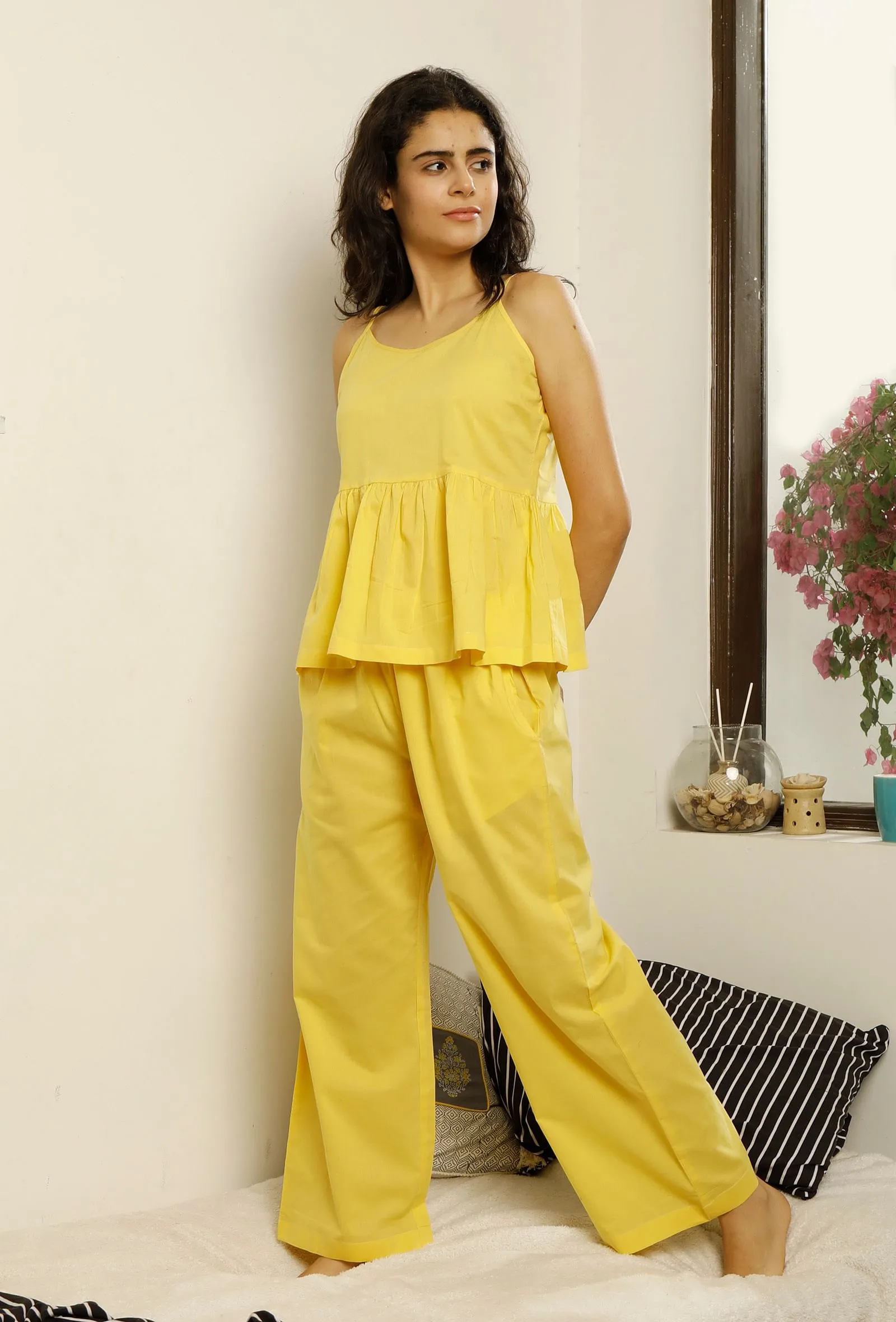 Set of 2 : Sunny Yellow Slip Gathered Cotton Top and Pajama