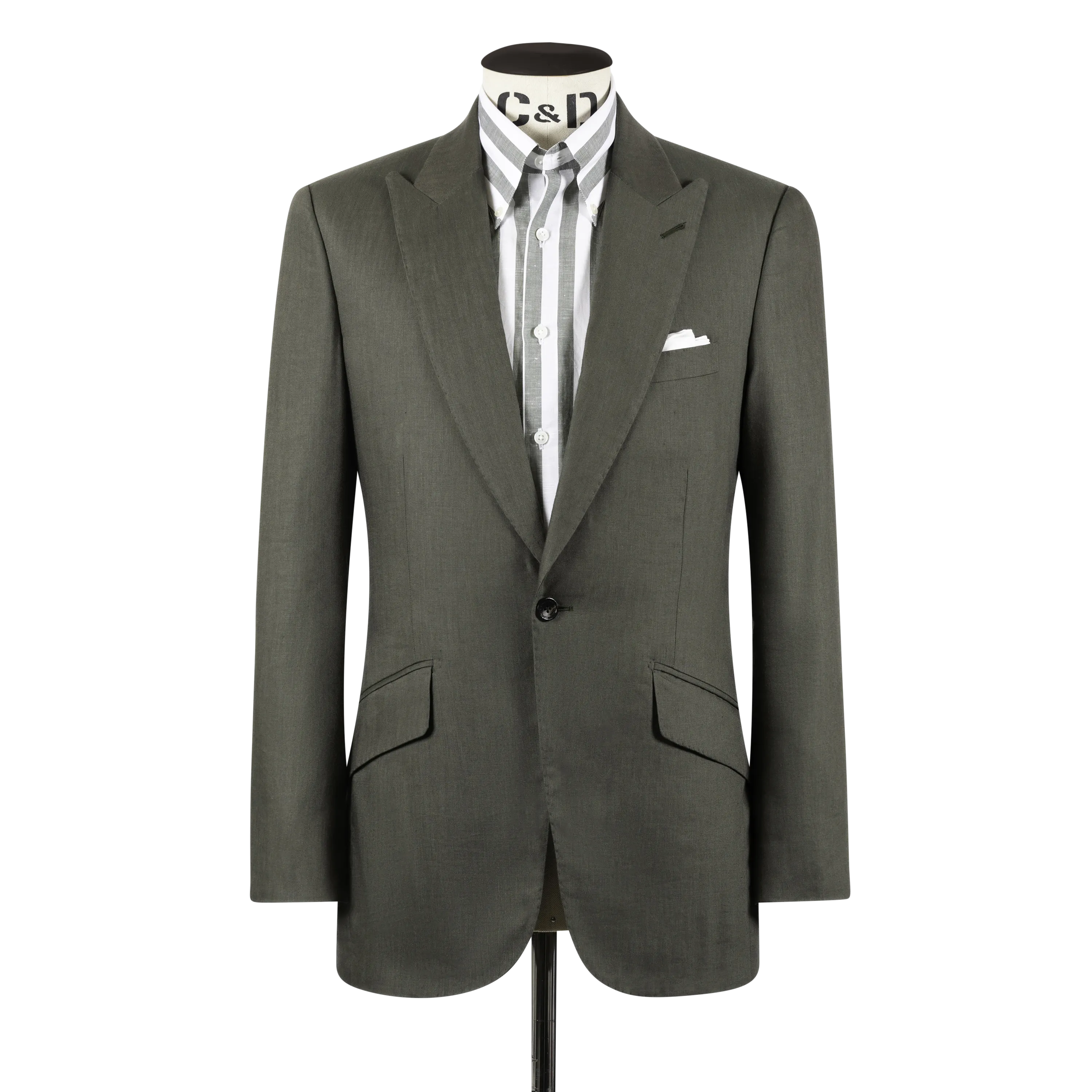 Single Breasted Peak Lapel Suit in Green Wool, Silk and Linen