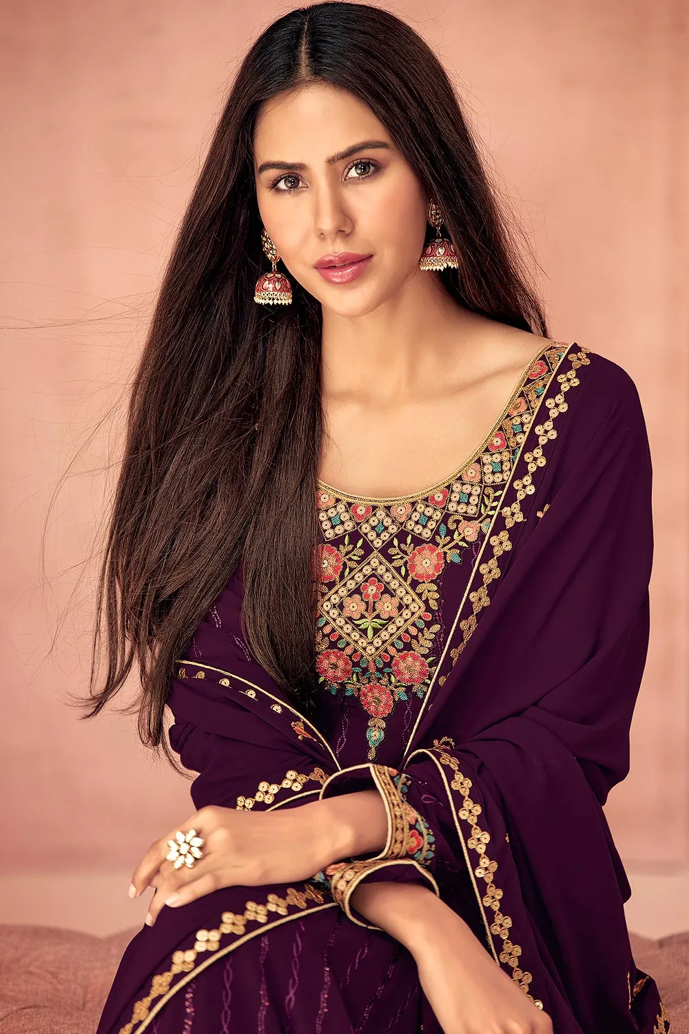 Sonam Bajwa Plum Purple Georgette Palazzo Suit