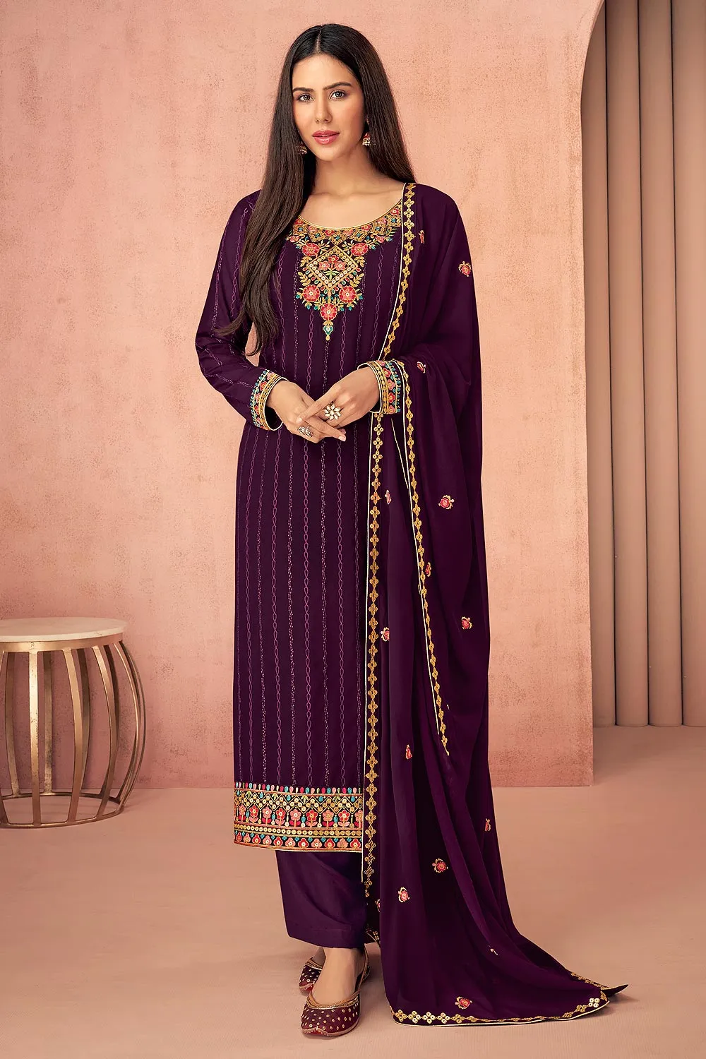 Sonam Bajwa Plum Purple Georgette Palazzo Suit