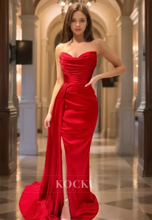 Sweetheart Sheath Sleeveless High Split Ruched Satin Formal Dress with Train Prom Dress