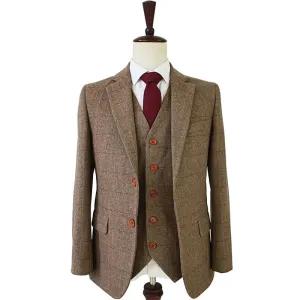 tailor made slim fit suits for men retro wool Brown Herringbone Tweed