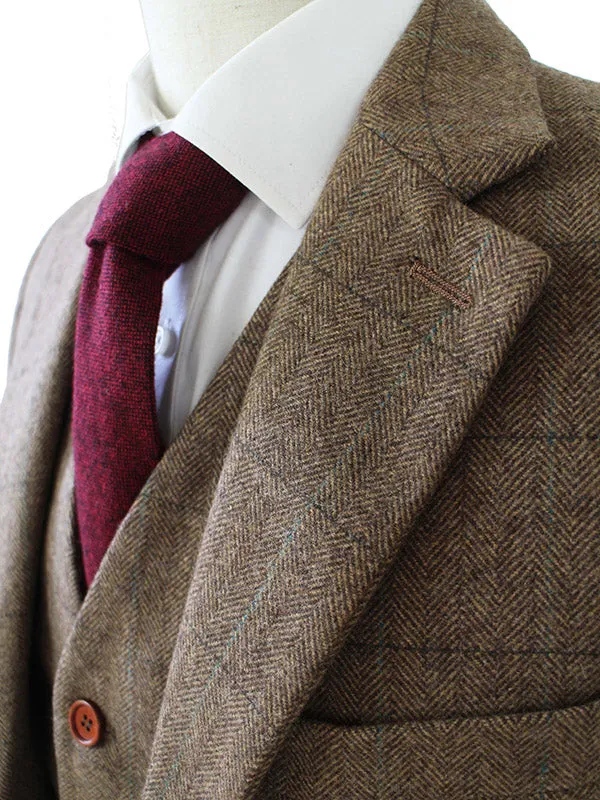 tailor made slim fit suits for men retro wool Brown Herringbone Tweed