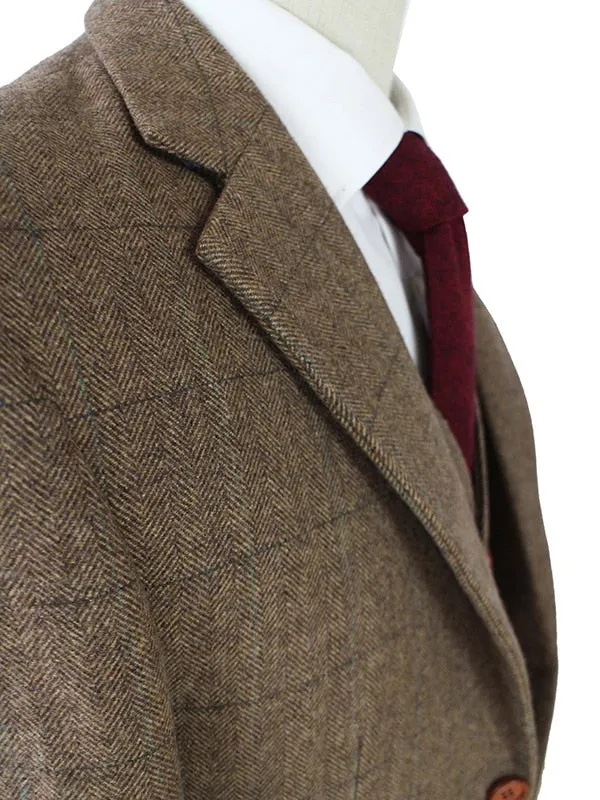 tailor made slim fit suits for men retro wool Brown Herringbone Tweed