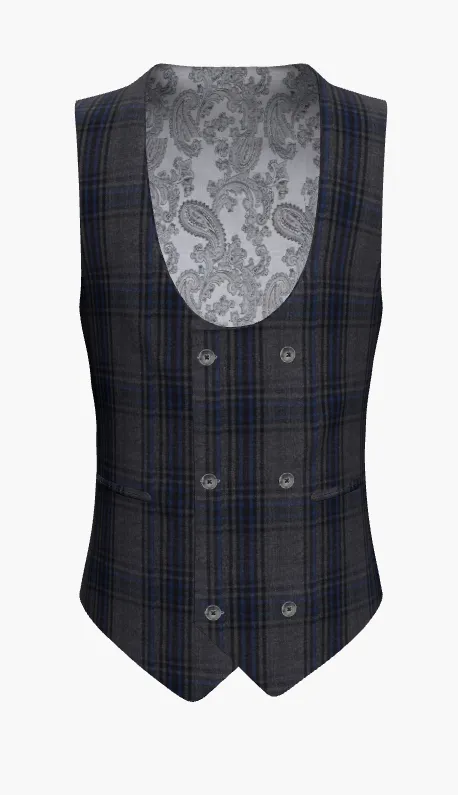 Waistcoat Grey- Blue Check  Super 110'S  / Style No WL2335112