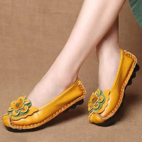 Women Shoes Casual Comfortable Floral Leather Flats