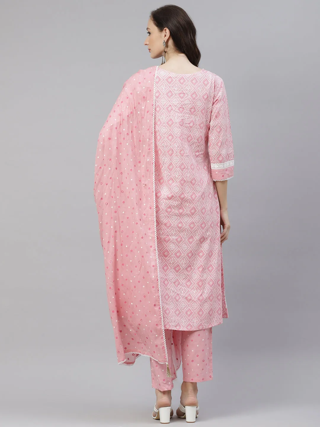 Women'S Pink Cotton A-Line  Kurta Pant Set With Dupatta