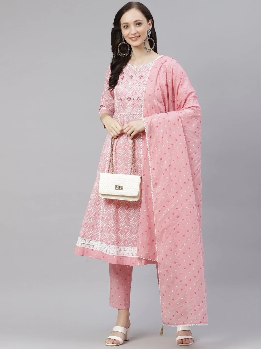 Women'S Pink Cotton A-Line  Kurta Pant Set With Dupatta