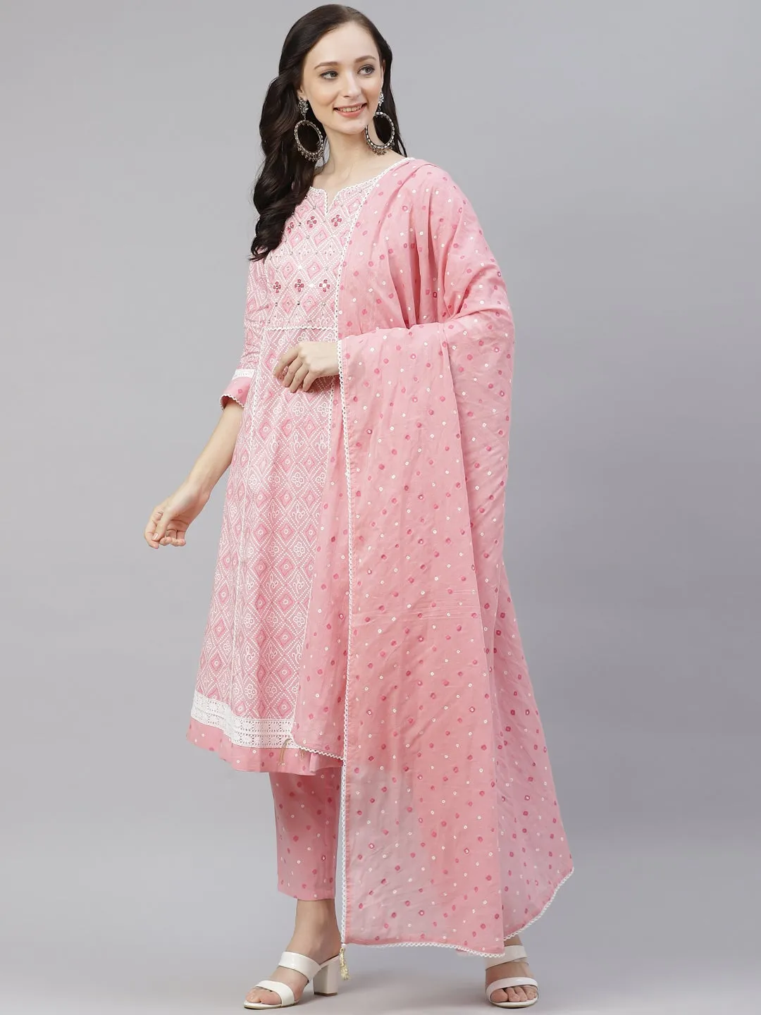 Women'S Pink Cotton A-Line  Kurta Pant Set With Dupatta