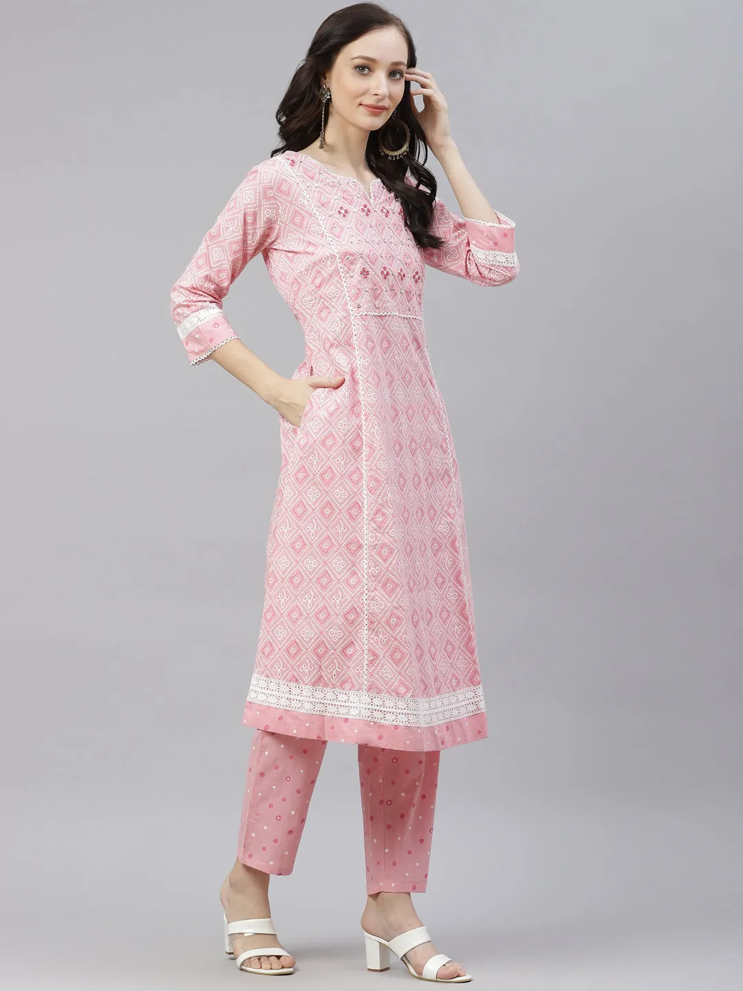 Women'S Pink Cotton A-Line  Kurta Pant Set With Dupatta